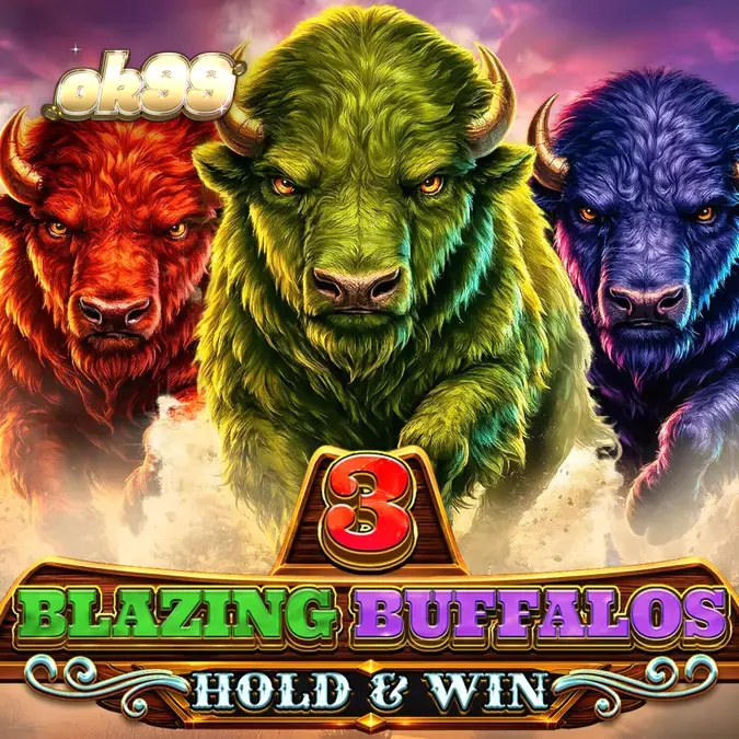 Giao diện trò chơi 3 Blazing Buffalos: Hold & Win với các biểu tượng trâu rừng neon rực rỡ.